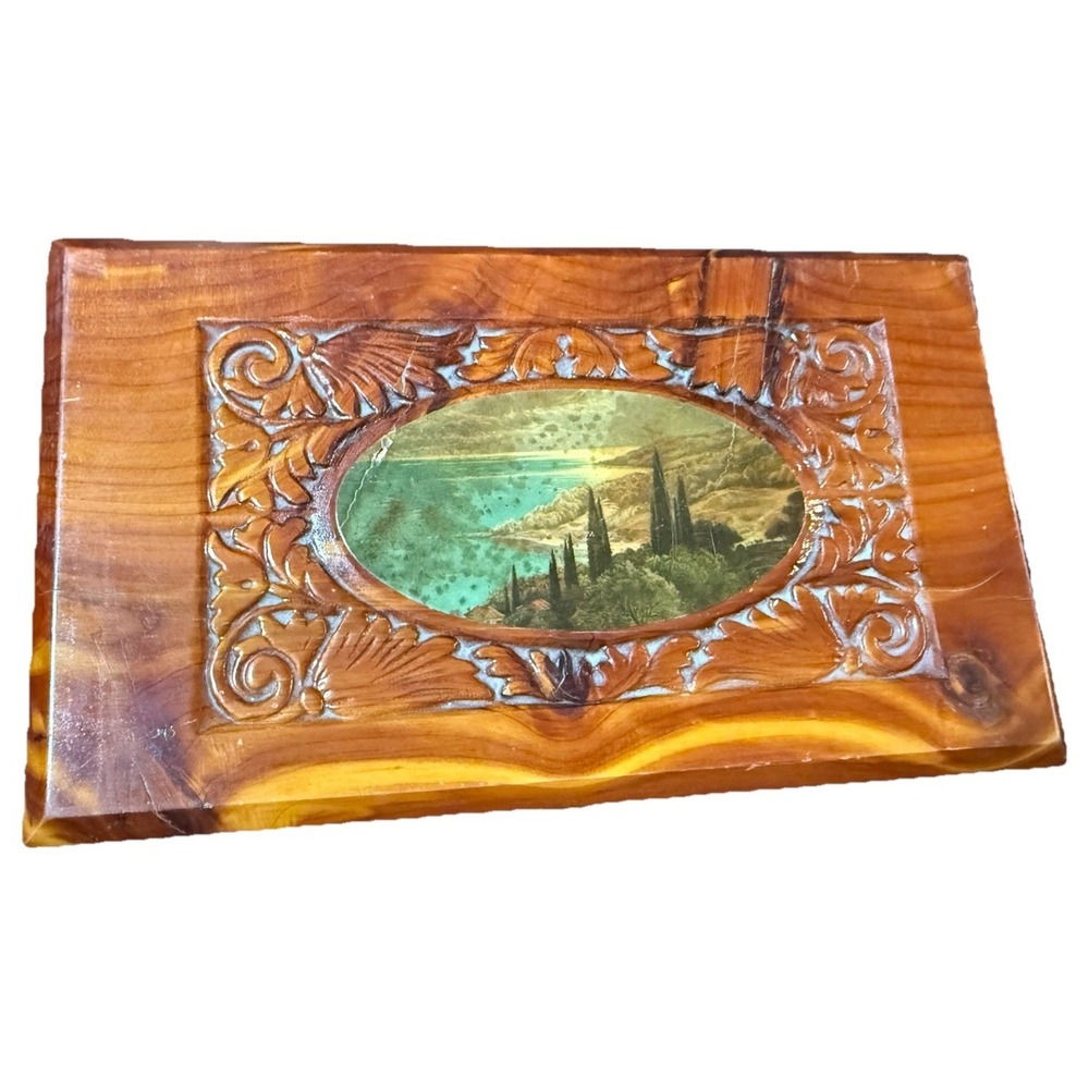 Vintage wood carved jewelry box scene on top mirror lock 11x4.5x6"‎